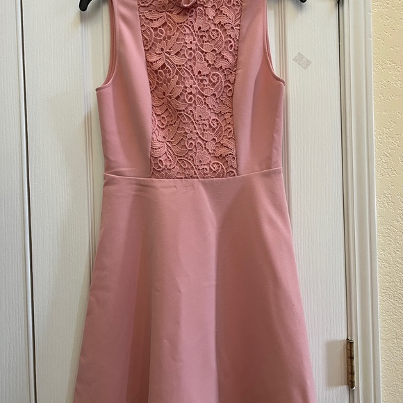 Zara Blush Pink Lace Panel Fit & Flare Mini Dress Ruffle Neck Coquette Feminine - Picture 2 of 8